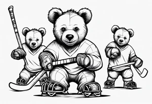 Baby bear playing hockey in front of papa bear and mama bear tattoo idea