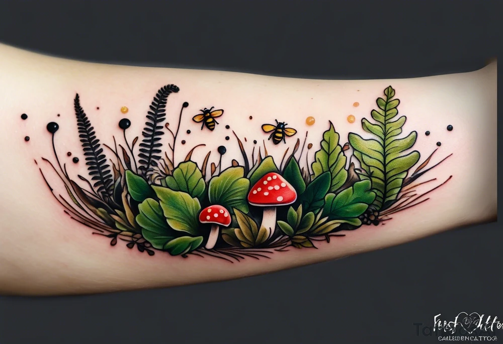minimalistic forest floor inspired tattoo, which includes grass, moss, curly ferns and dead leaves as the bulk of the tattoo. details to include: forest berries, couple of very small brown mushrooms, a tiny bumblebee flying nearby tattoo idea