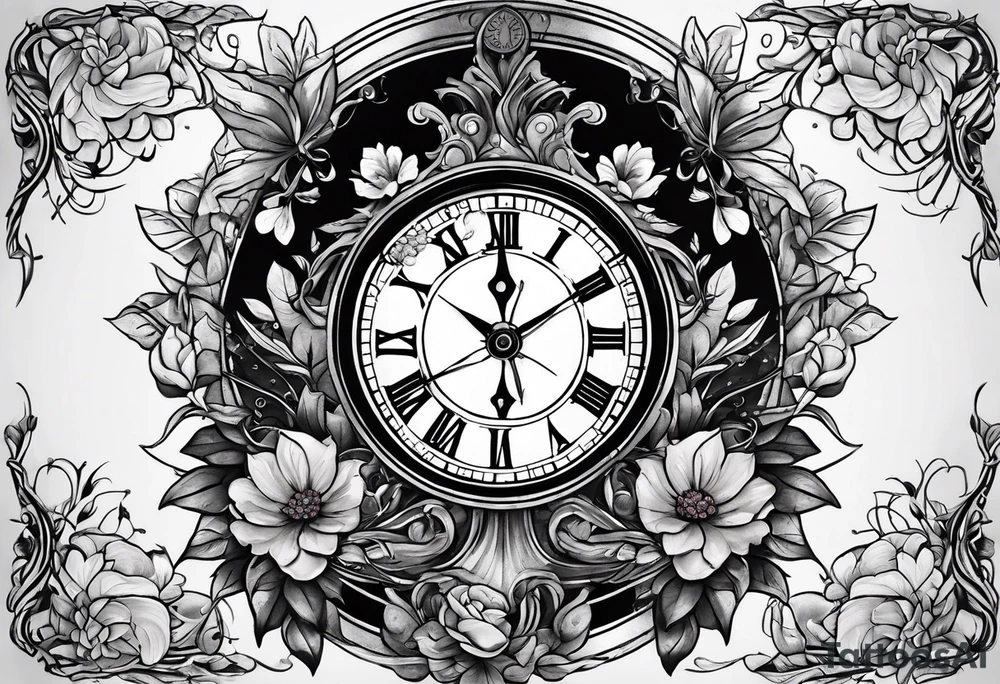 combination of a floating nautical compass and a old school clock face, and a doctor bird and tree of life and decorated with lignum vitae flowers, 3/4 sleeve on arm, flowing down the arm tattoo idea