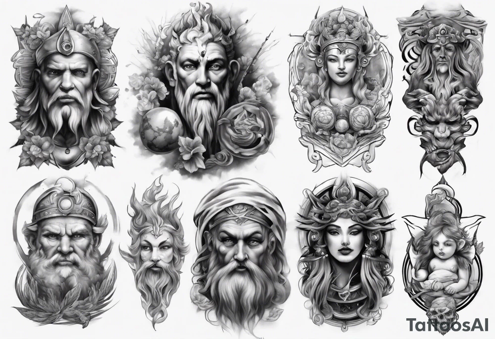 gods theme sleeve realistic tattoo idea