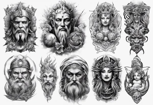 gods theme sleeve realistic tattoo idea