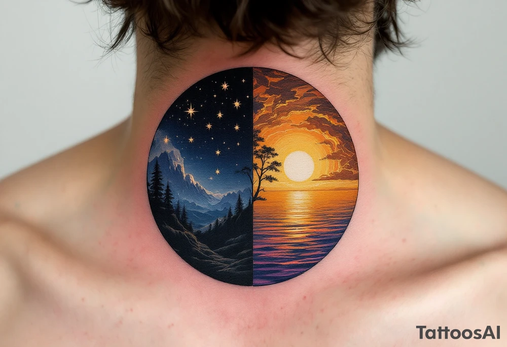 A circle divided into half night (deep navy and stars) and half day (golden sunrise hues). tattoo idea