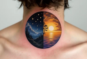 A circle divided into half night (deep navy and stars) and half day (golden sunrise hues). tattoo idea