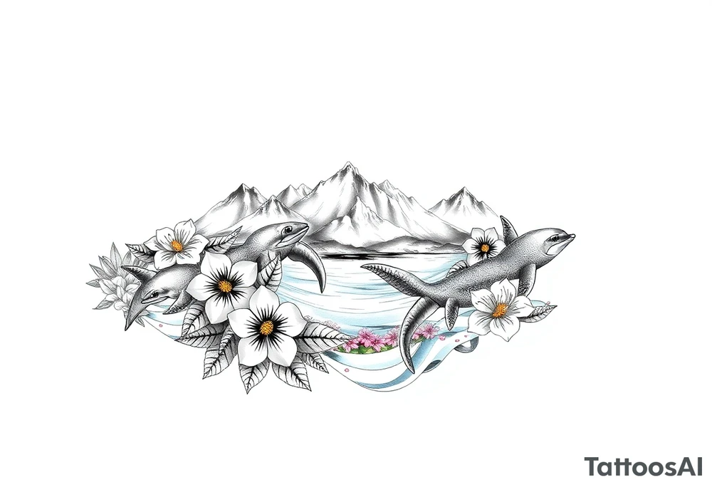 half sleeve, hawaiian theme, with water, mountains, tropical flowers, turtles, dolphins. tattoo idea