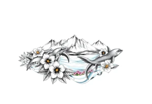 half sleeve, hawaiian theme, with water, mountains, tropical flowers, turtles, dolphins. tattoo idea