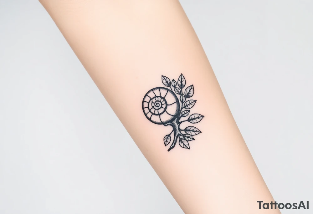 Fibonacci spiral shell on side of base of tree full of lots of leaves tattoo idea