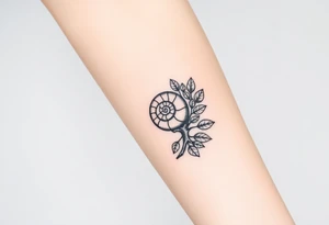 Fibonacci spiral shell on side of base of tree full of lots of leaves tattoo idea