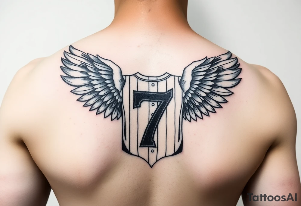 Angle wings with the number seven and a yankee jersey for forearm tattoo idea