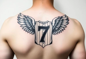 Angle wings with the number seven and a yankee jersey for forearm tattoo idea