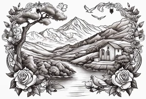 create Mediterranean climate with mountain in the background, add an oak tree, rose bush, dove with olive leaf, singing nightingale, lantern with a lit candle. tattoo idea