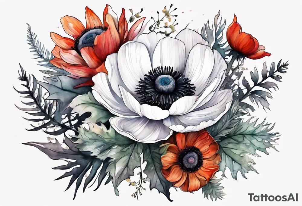 a white anemone with black center with thistles, ferns, ranuculus, sun flowers, red flowers, ping flowers, orange flowers, flowers all in watercolor tattoo idea