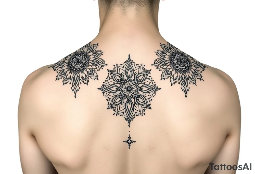 spine tattoo design with symmetrical ornamental patterns, combining dotwork, mandala elements, and flowing lines that follow the natural curves of the body. The design is intricate and balanced tattoo idea