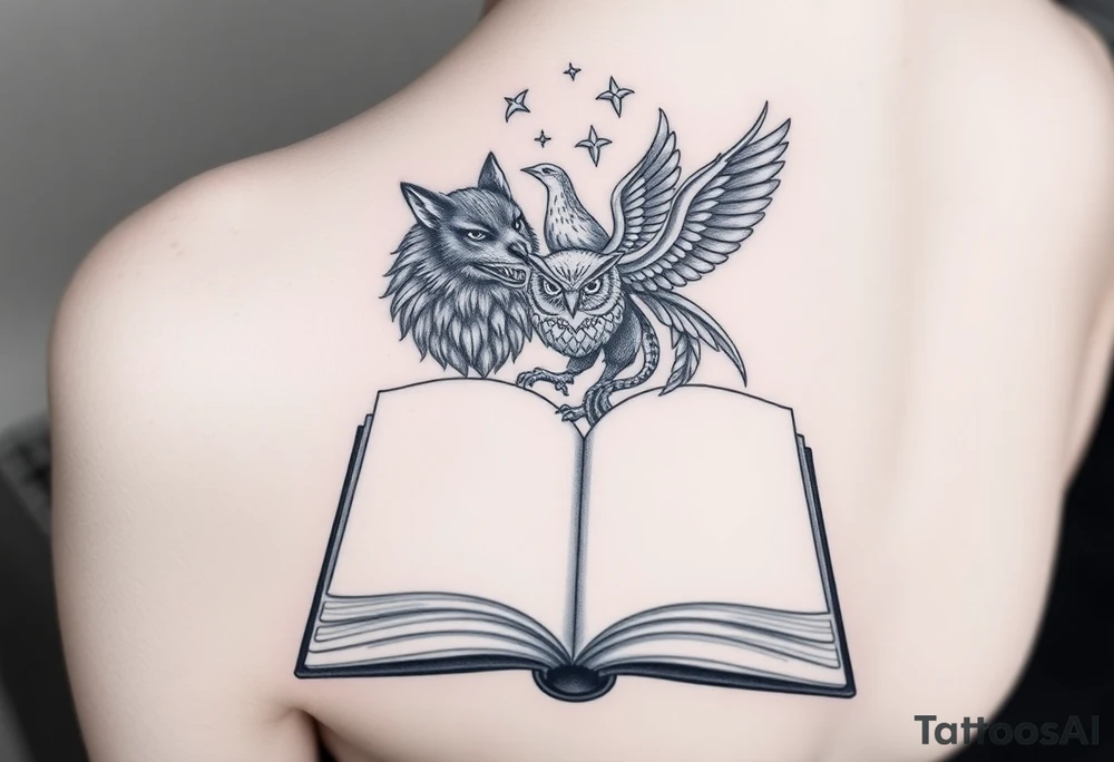 An open book with a werewolf, owl, dragon & phoenix above it tattoo idea An open book with a werewolf, owl, dragon & phoenix above it tattoo idea