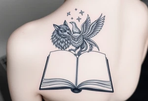 An open book with a werewolf, owl, dragon & phoenix above it tattoo idea
