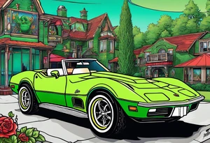 A 1976 green convertible Corvette with a skeleton smoking a cigarette and throwing a Budweiser can out of the rooftop tattoo idea