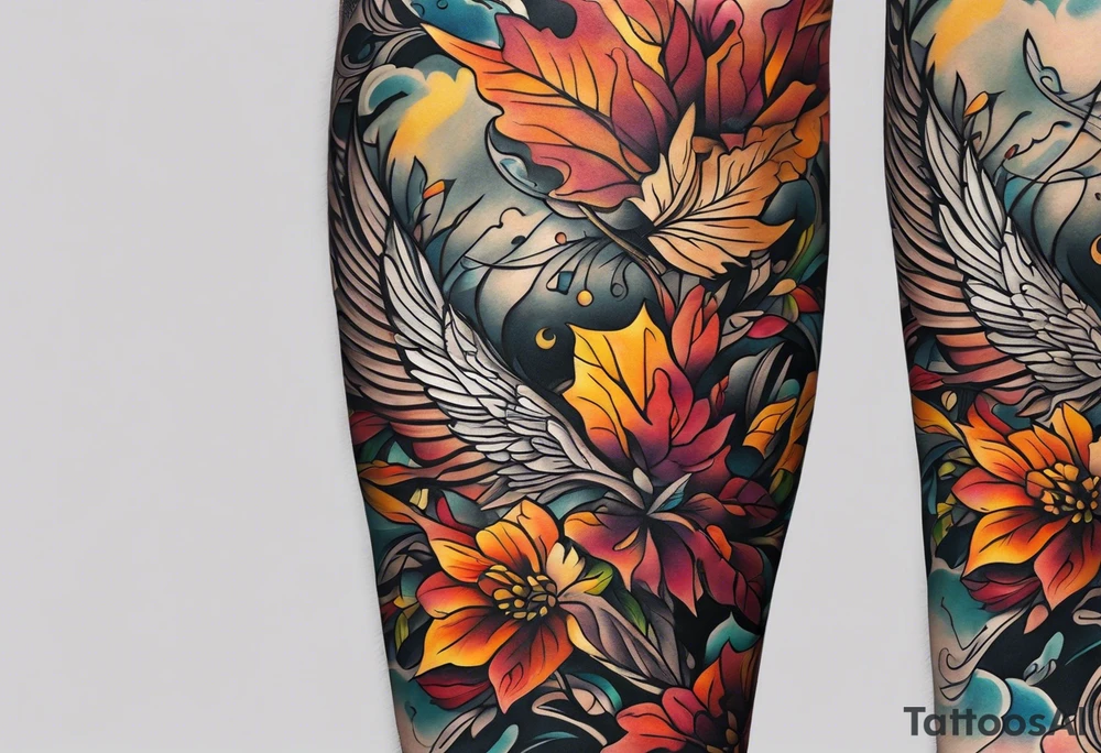 Arm Sleeve Tattoo with fall colors,  flattened tattoo idea