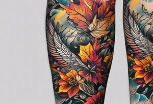 Arm Sleeve Tattoo with fall colors,  flattened tattoo idea