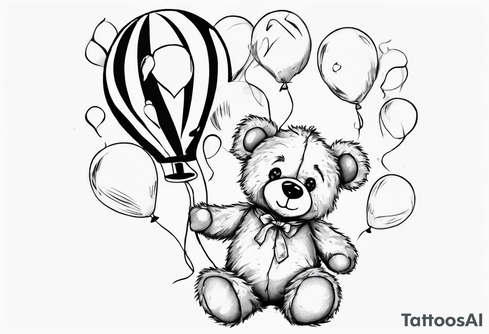 Scruffy teddy bear holding on to balloons and wearing a T-shirt going up to the sky tattoo idea