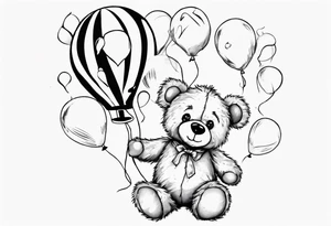 Scruffy teddy bear holding on to balloons and wearing a T-shirt going up to the sky tattoo idea