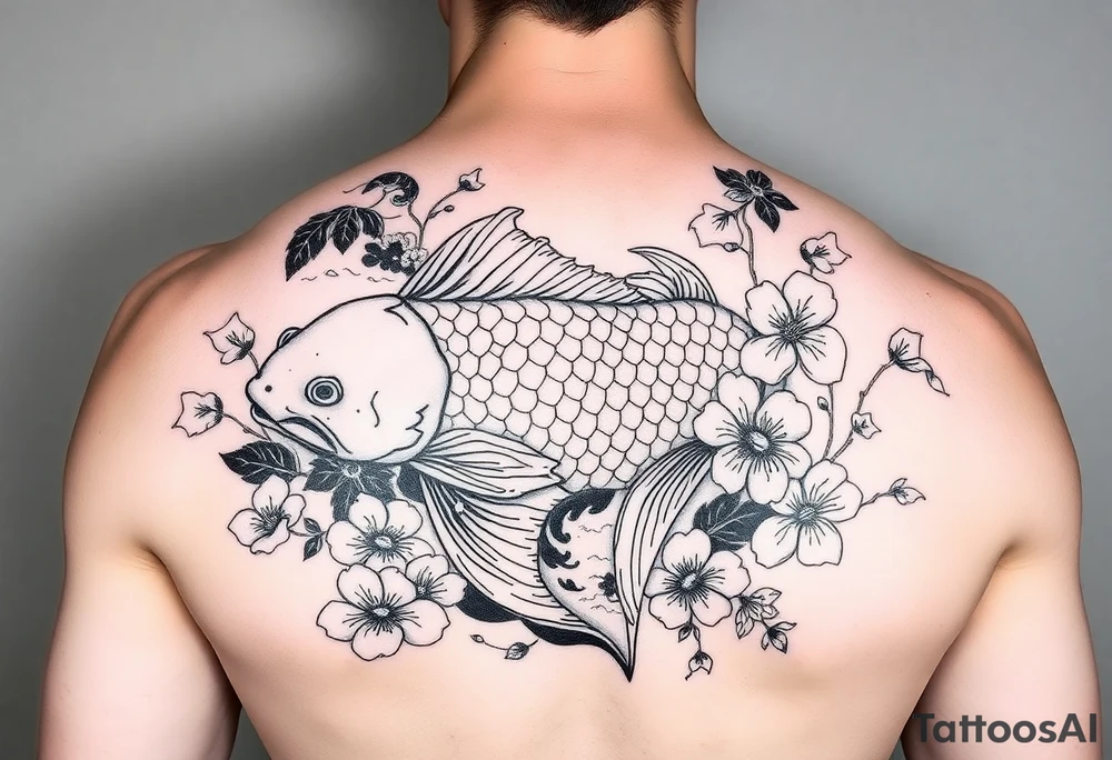 I would make one koi fish with waves, cliffs and sakura Japanese style tattoo idea