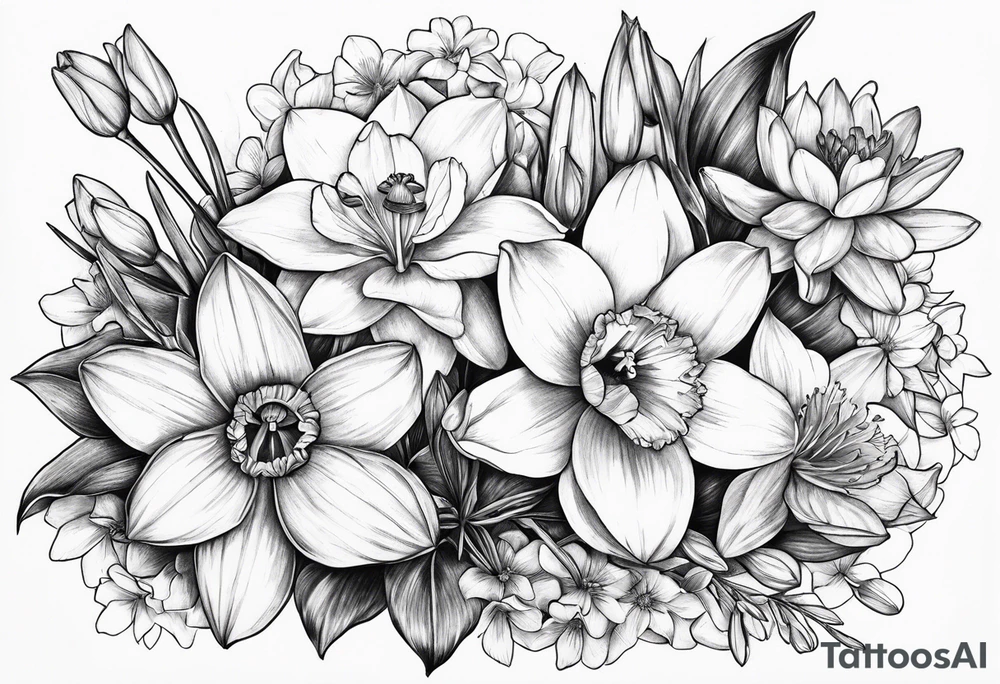 Bouquet of daffodils, water lily’s, and larkspur tattoo idea