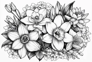 Bouquet of daffodils, water lily’s, and larkspur tattoo idea