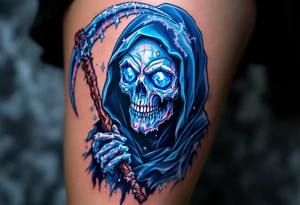 A blue-hued Grim Reaper with crystal eyes, gripping a frost-covered scythe. tattoo idea