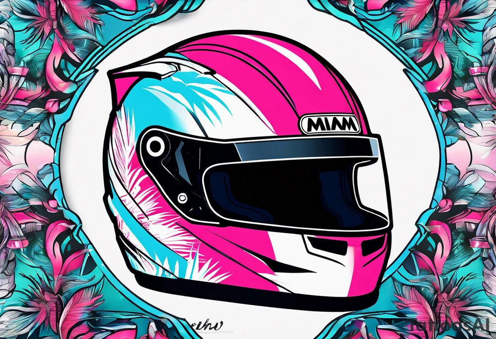 Formula 1 helment with the Miami name a palm tree and light blue black and pink colors 3/4 view tattoo idea