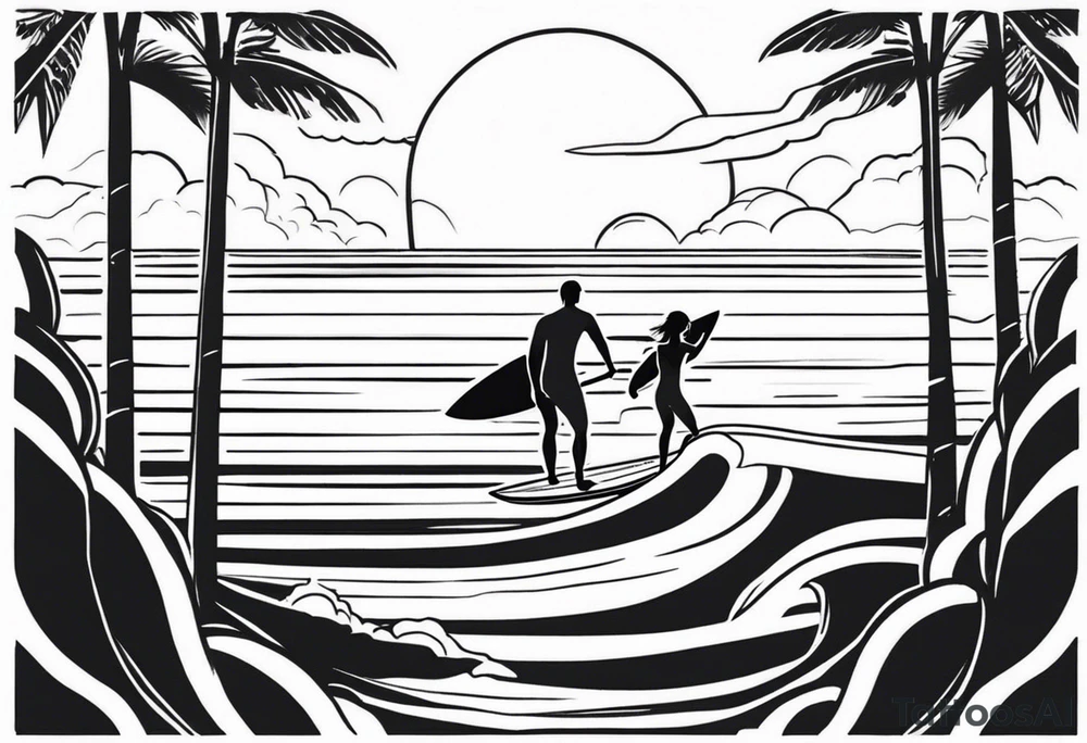 Black and white Line work tattoo depicting a father surfing in the sunset, and sharing his surfboard with his two daughters.  One daughter is on his shoulders and the other is holding his hand. tattoo idea