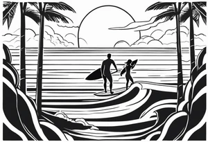 Black and white Line work tattoo depicting a father surfing in the sunset, and sharing his surfboard with his two daughters.  One daughter is on his shoulders and the other is holding his hand. tattoo idea