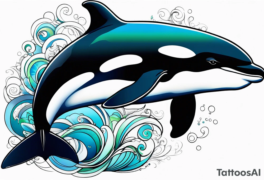 a killer whale with blues shades and light greens, minimalistic tattoo idea