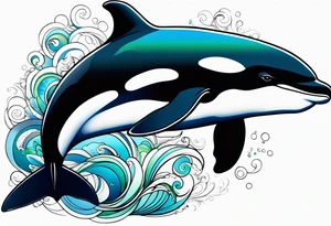 a killer whale with blues shades and light greens, minimalistic tattoo idea