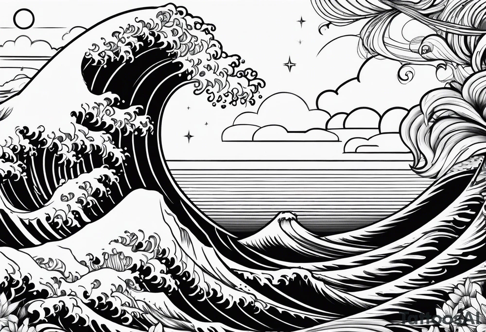 line art space with waves tattoo idea