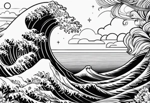 line art space with waves tattoo idea