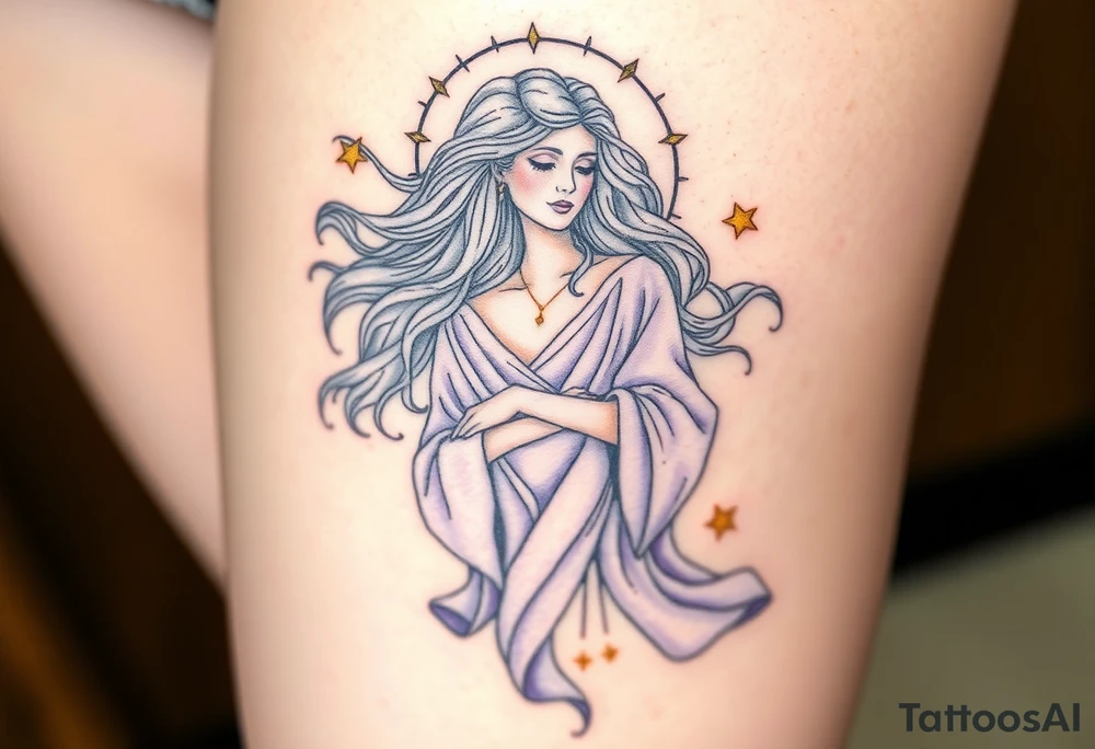 A celestial Virgo goddess with flowing silver hair, dressed in a flowing lavender robe, surrounded by golden stars and virgo sign tattoo idea