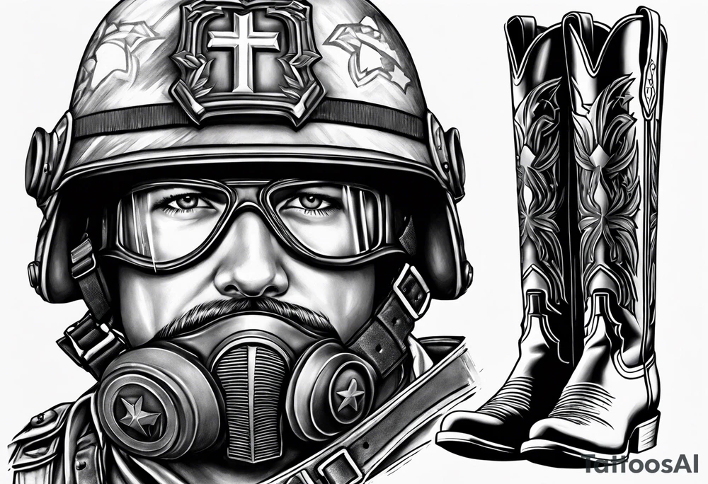 traditional battlefield cross with helmet, m-16 and boots tattoo idea