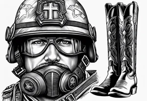traditional battlefield cross with helmet, m-16 and boots tattoo idea