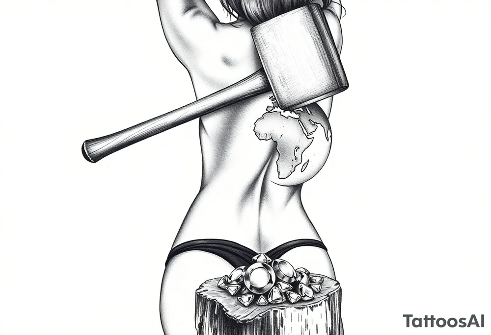 pin up girl wearing a g string thong facing me with bare breasts exposed, the pin up girl is swinging a very large headed mallet overhead in the motion of an ax chopping wood, she is swinging the mallet onto a small version of the earth globe, the earth globe is on top of a tree stump, the earth globe is in contact with the  mallet and being compressed by the mallet, the earth globe is being squashed and half way flattened as the mallet hits it, at the base of the stump is a pile of diamonds. Her short shorts are not covering her butt all the way. She is facing me with her breast bare and out. tattoo idea