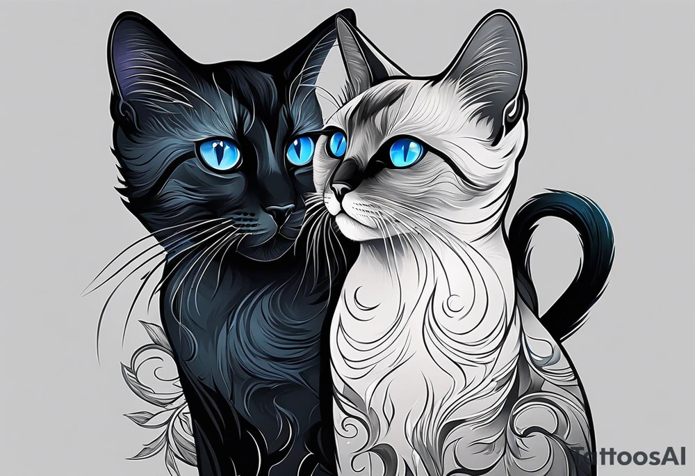 Two cats. One is medium length black and white fur, the other is a medium gray Siamese with blue eyes that are slightly crossed. tattoo idea