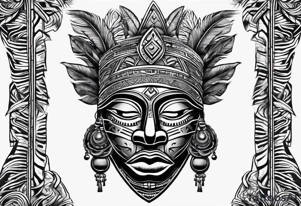West African tribal mask with waves inside of it tattoo idea