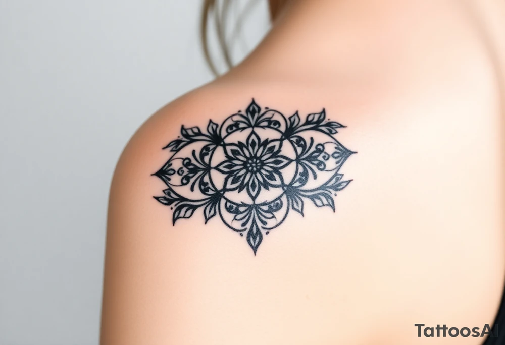 5 Geometric floral circles connected to reflect family unity. Two base elements for my husband and I, intertwined floral patterns like mirrored vines or spiral paisleys representing our identical twins, and a Gemini zodiac sign for my son. Use feminine-yet-bold linework and Interconnected elements tattoo idea