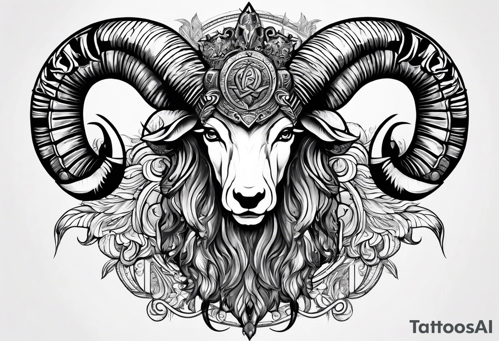 tattoo design containing the following objects: tattoo design containing the following subjects: ram's horns, warrior figure, angel tattoo idea