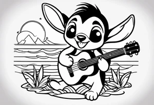 Stitch tattoo on arm under shoulder that is the version of stitch where he’s dressed up like Elvis playing a ukulele on a beach tattoo idea