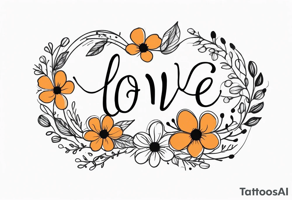 minimalist draw the work love in cursive and lowercase letters making the o in love a dog paw print and entwine a 2 wild flowers in the word love tattoo idea