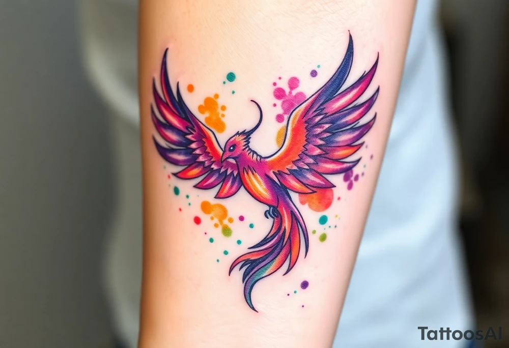 Phoenix with blazing flames with purple, orange and green splashes tattoo idea