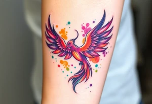 Phoenix with blazing flames with purple, orange and green splashes tattoo idea