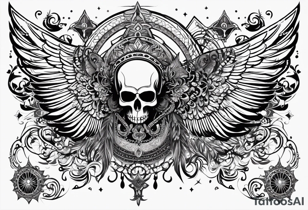 black kali, goddess pirate, alien, angel, pachamama, valkrye, warrior, flying, skull, lotus azul, wing, eagle, zenza resonance, stars, 5D, anahata chakra, death, durga tattoo idea