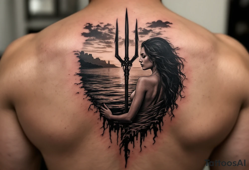 trident half way under calm water at sunset with topless woman tattoo idea