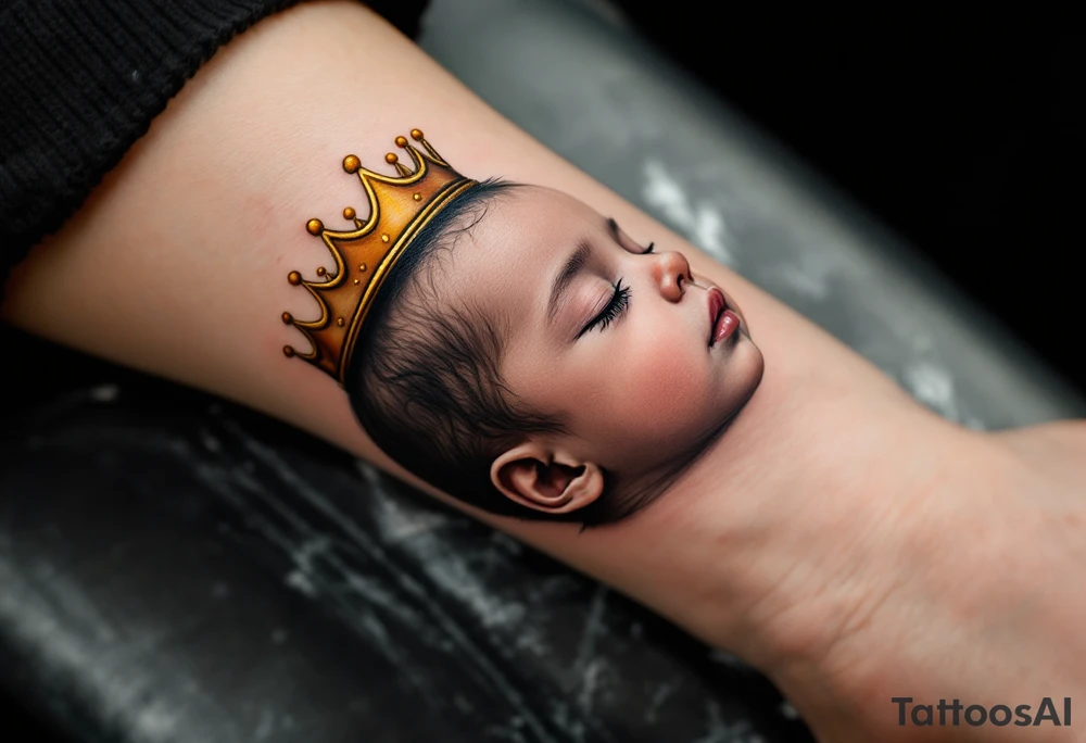 Profile portrait of a baby girl’s sleeping face with a tiny gold crown, with realistic detail. tattoo idea