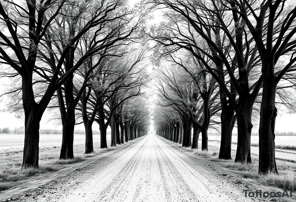 Tree-lined dirt road. Road is rough, little shoulder. Deciduous trees arch across it, meeting in the middle. 

Road should be rougher, more rural. Branches start lower. The trees in the foreground should be bigger — perspective has road getting smaller. 

Make the trees leafier. Branches begin lower on the trunk tattoo idea